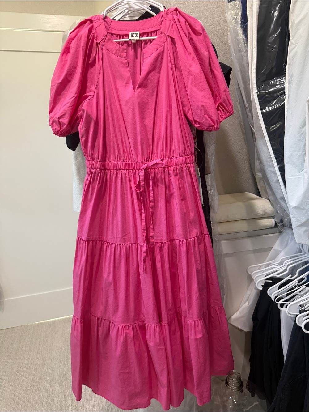 Anne Klein Pink Puff-Sleeve Tiered Maxi Dress L